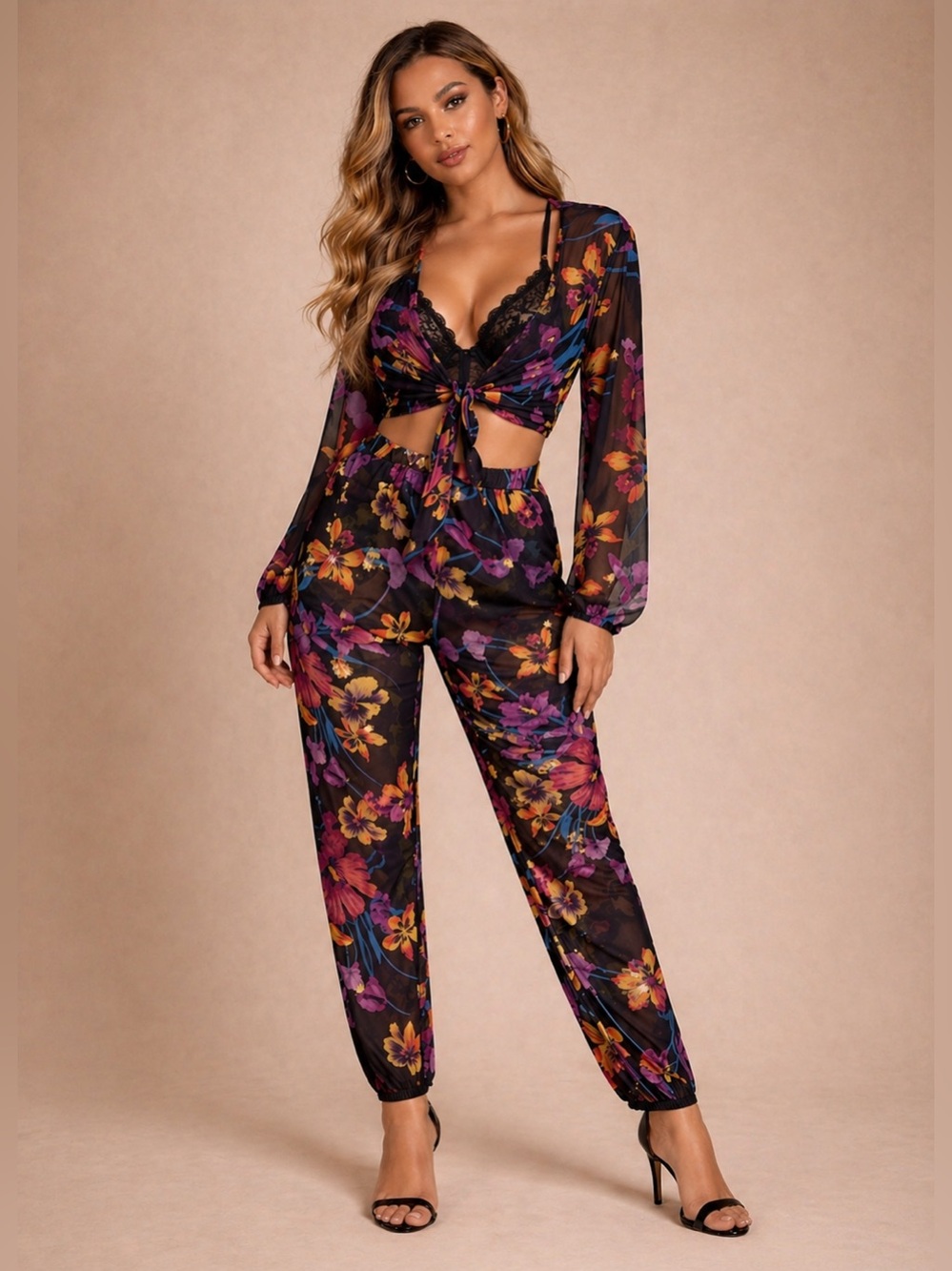 BOOHOO Black Floral Sheer Lightweight Crop Top Tie-Front and Pants Jogger Set